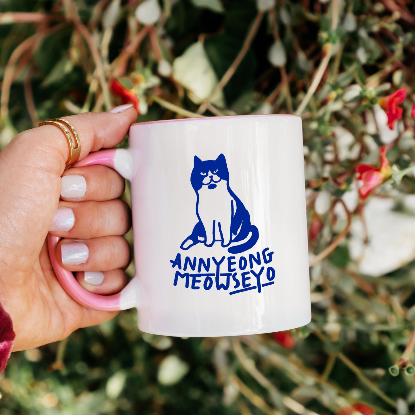 Annyeongmeowseyo Ceramic 11OZ White Pink Mug