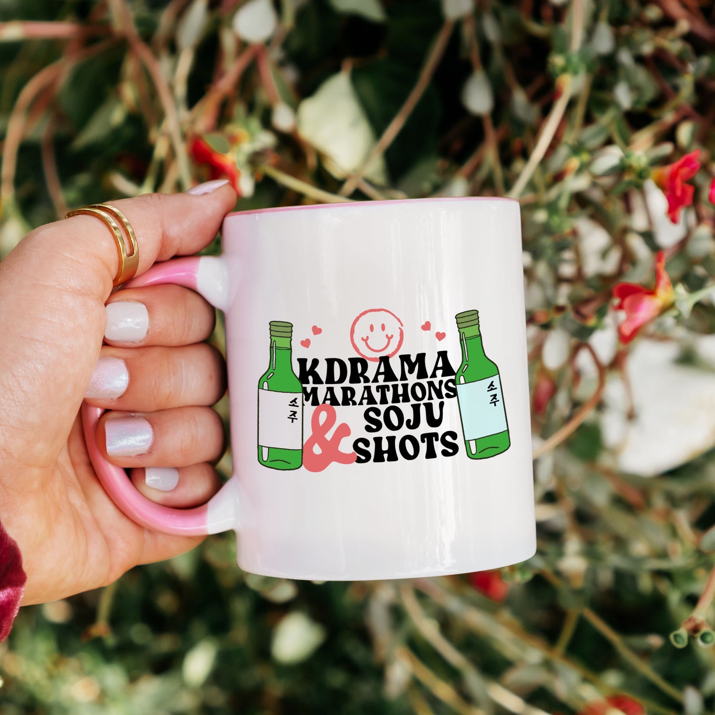Kdrama Marathon & Soju Ceramic 11OZ White Pink Mug