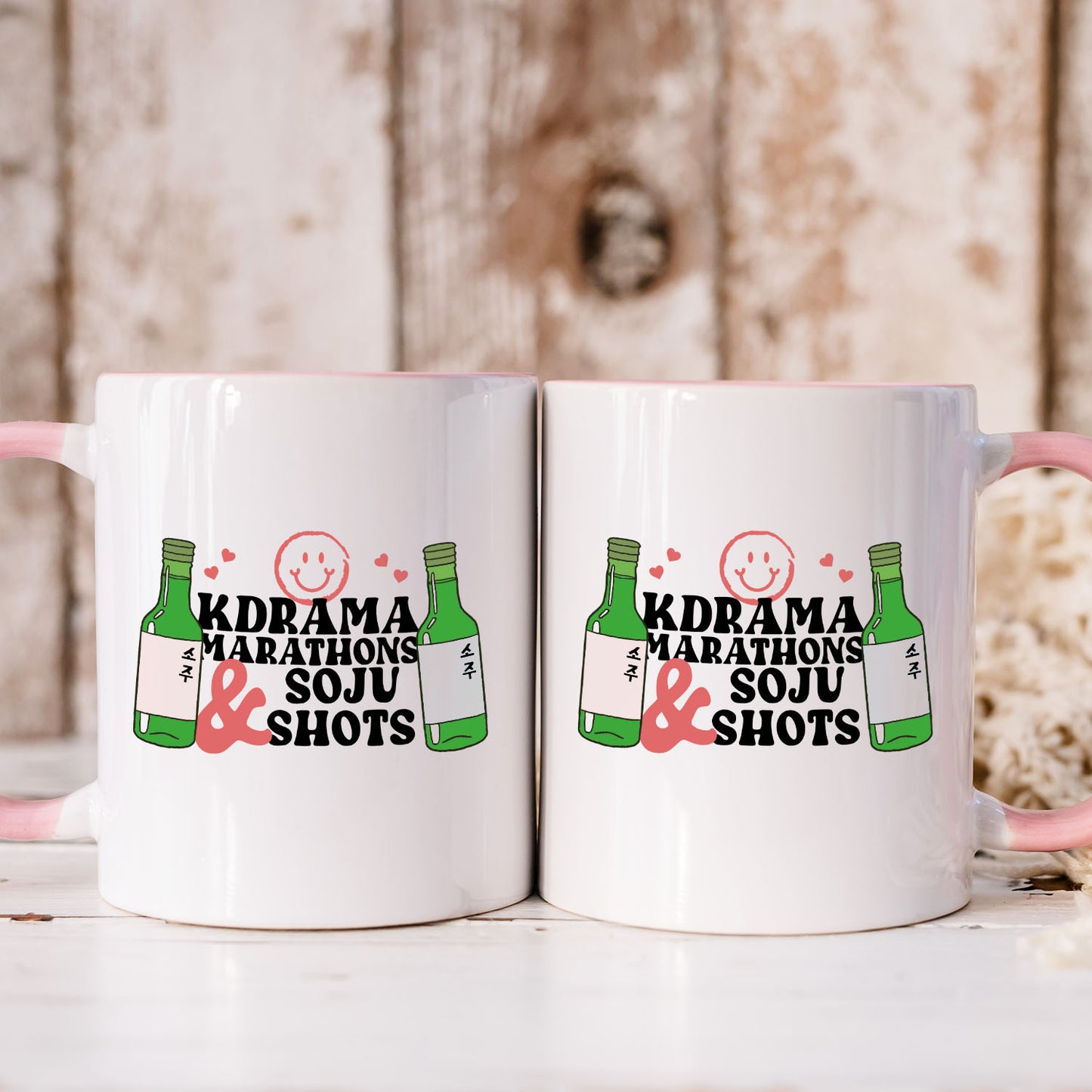Kdrama Marathon & Soju Ceramic 11OZ White Pink Mug
