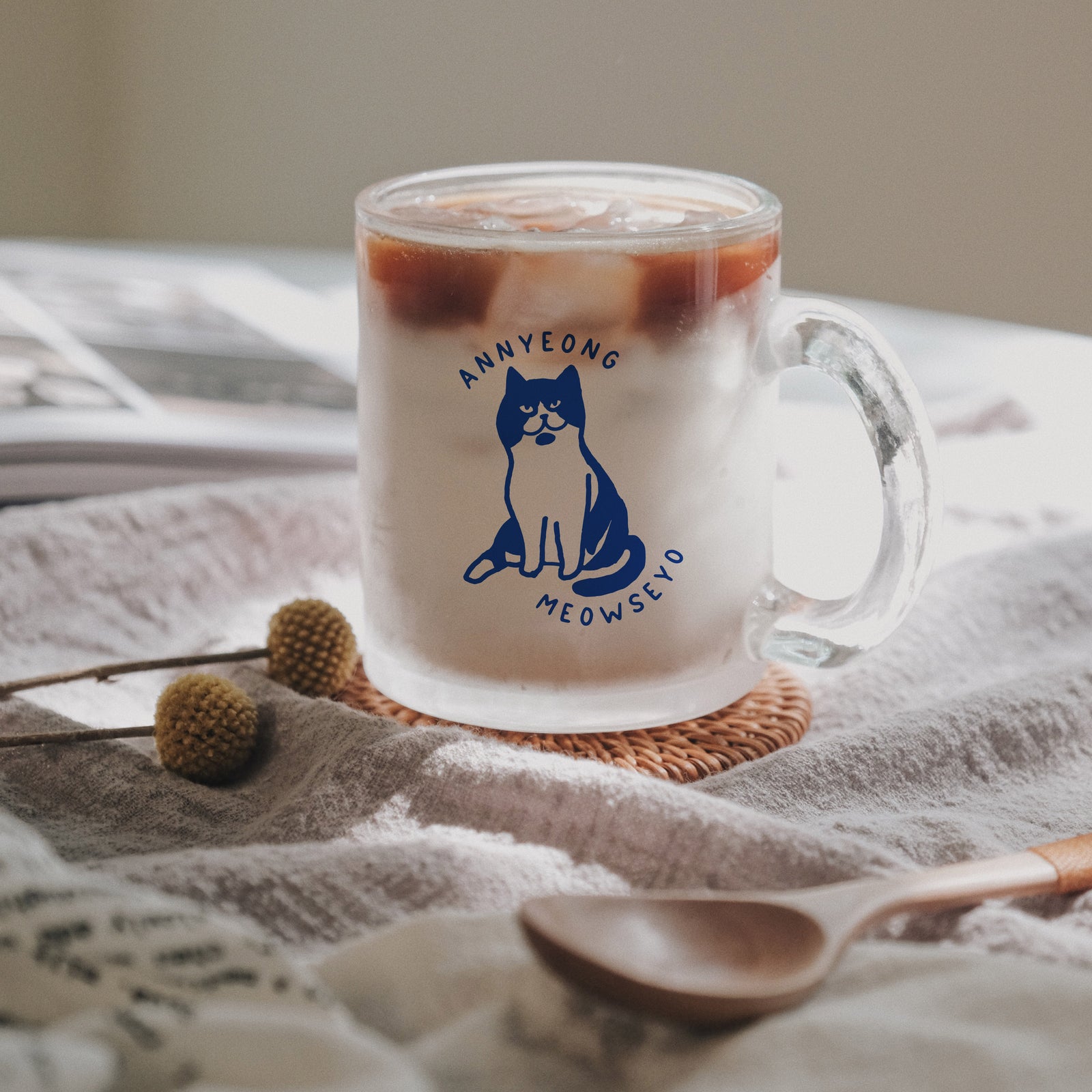 Annyeongmeowseyo Glass Mug - Subtly Asian Shop | Korean Merch Kdrama Gifts Asian Themed Gift Shops USA
