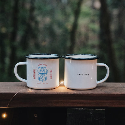 Fortune Cat Maneki Neko Enamel Mug - Subtly Asian Shop | Korean Merch Kdrama Gifts Asian Themed Gift Shops USA