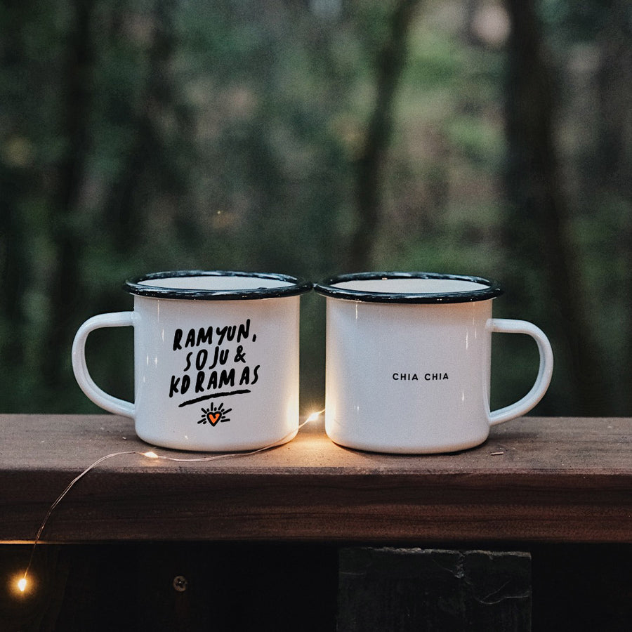 Ramyun Soju and Kdramas Enamel Mug - Subtly Asian Shop | Korean Merch Kdrama Gifts Asian Themed Gift Shops USA